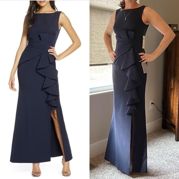 ELIZA J Navy Ruffle Front Gown 10 - Picture 1 of 10